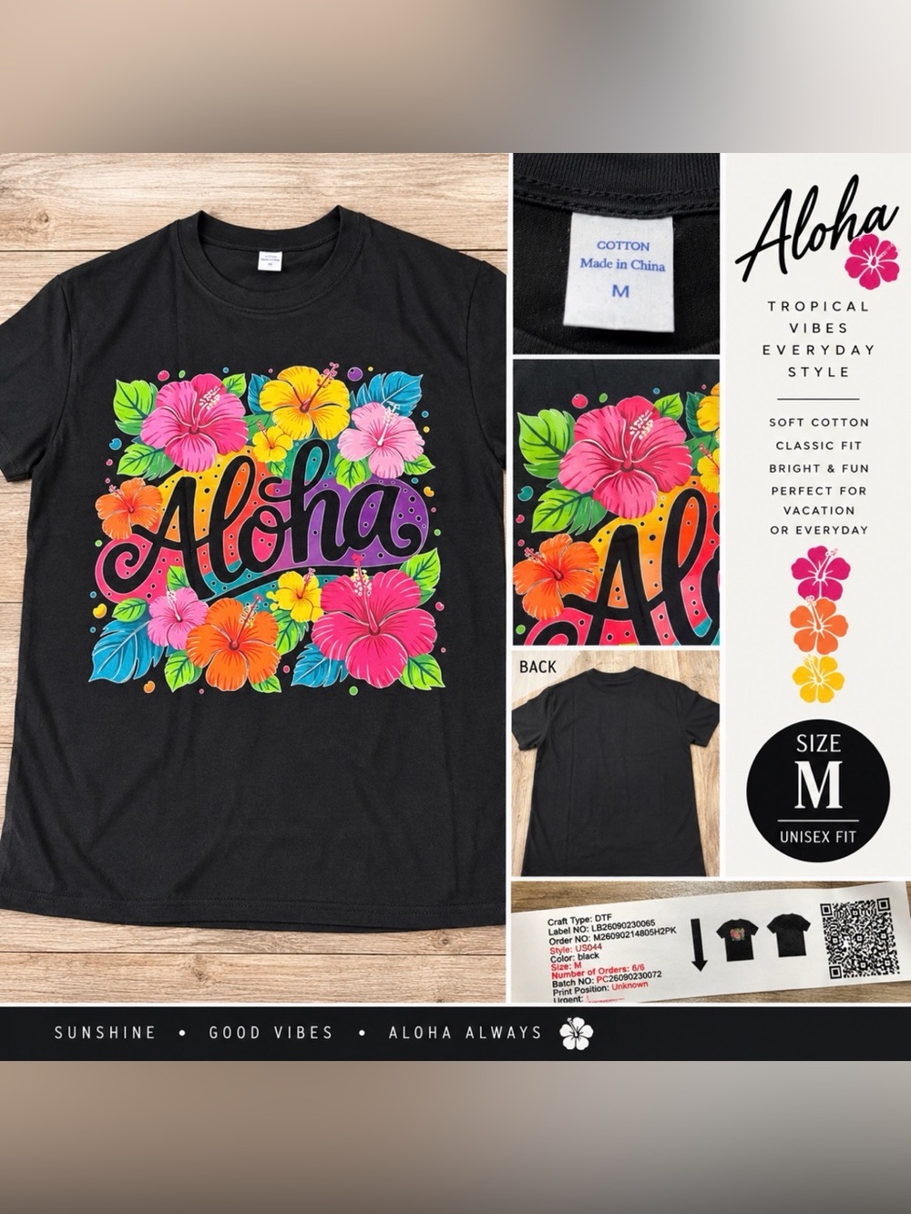 🌺 Aloha Tropical Hibiscus Floral Graphic T-Shirt – Black – Size Medium